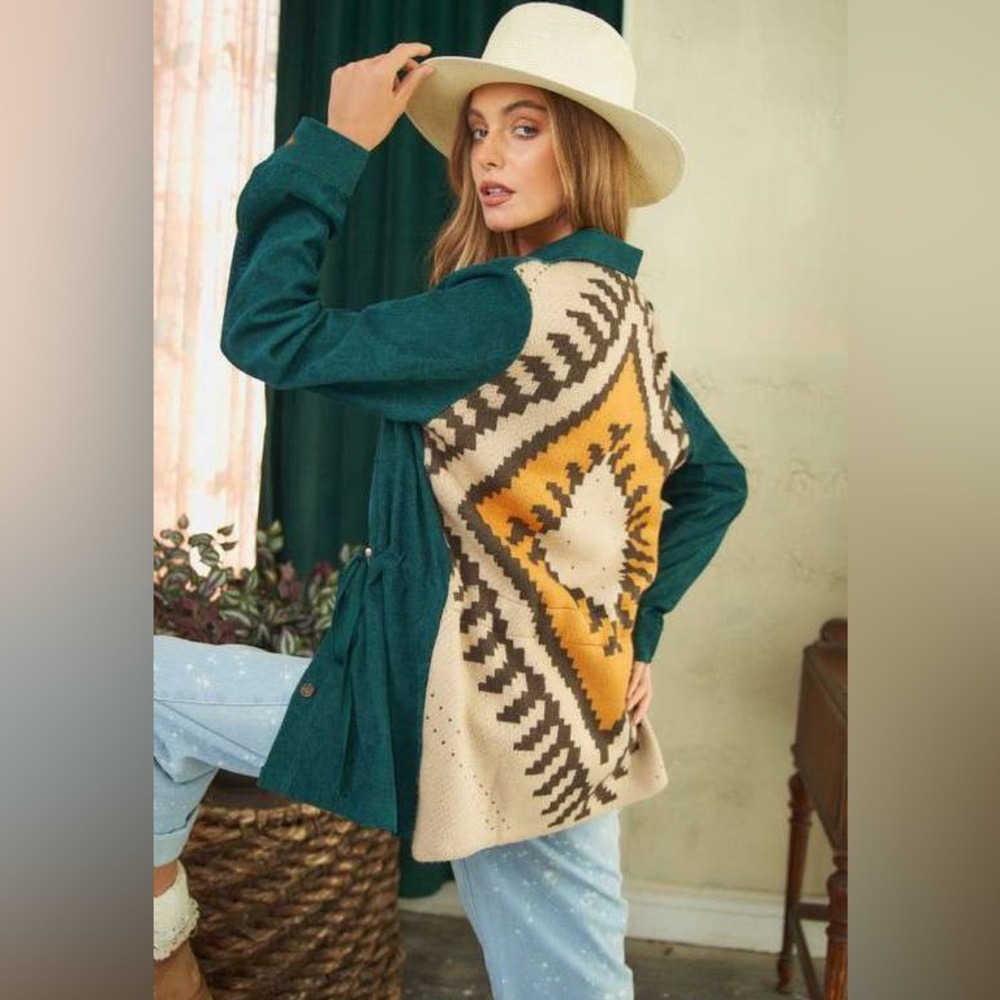 Davi & Dani Corduroy Aztec Sweater Back Utility Drawstring Waist 1X Jacket